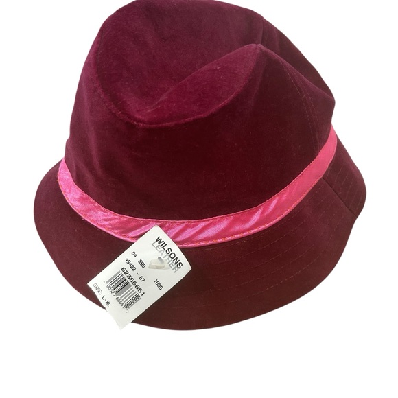 Wilsons Leather Pelle Studio Burgundy Velvet Fedora Hat L/XL Pink Satin Band VTG - Picture 4 of 10